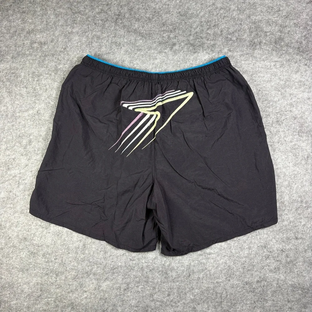 Vintage 90s Speedo Swim Trunks Black Neon Graphic Embroidered Logo Shorts Mens L
